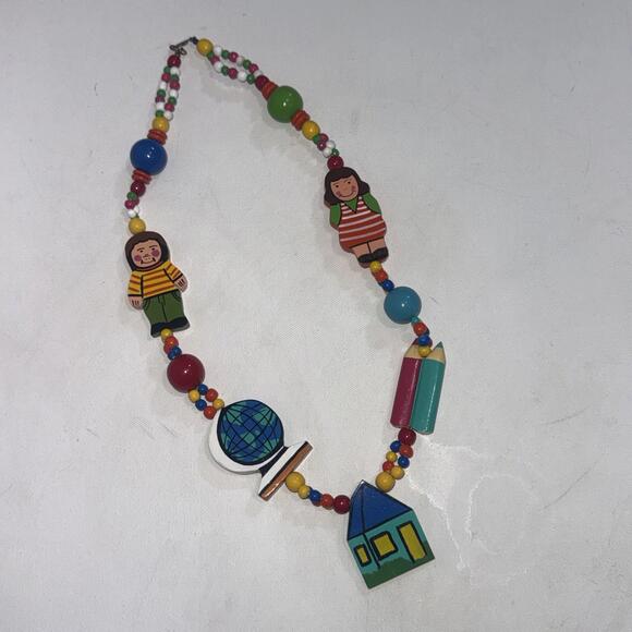 Jewelry - Vintage Inspire Wooden Hand Painted Children World School Globe Teacher Necklace